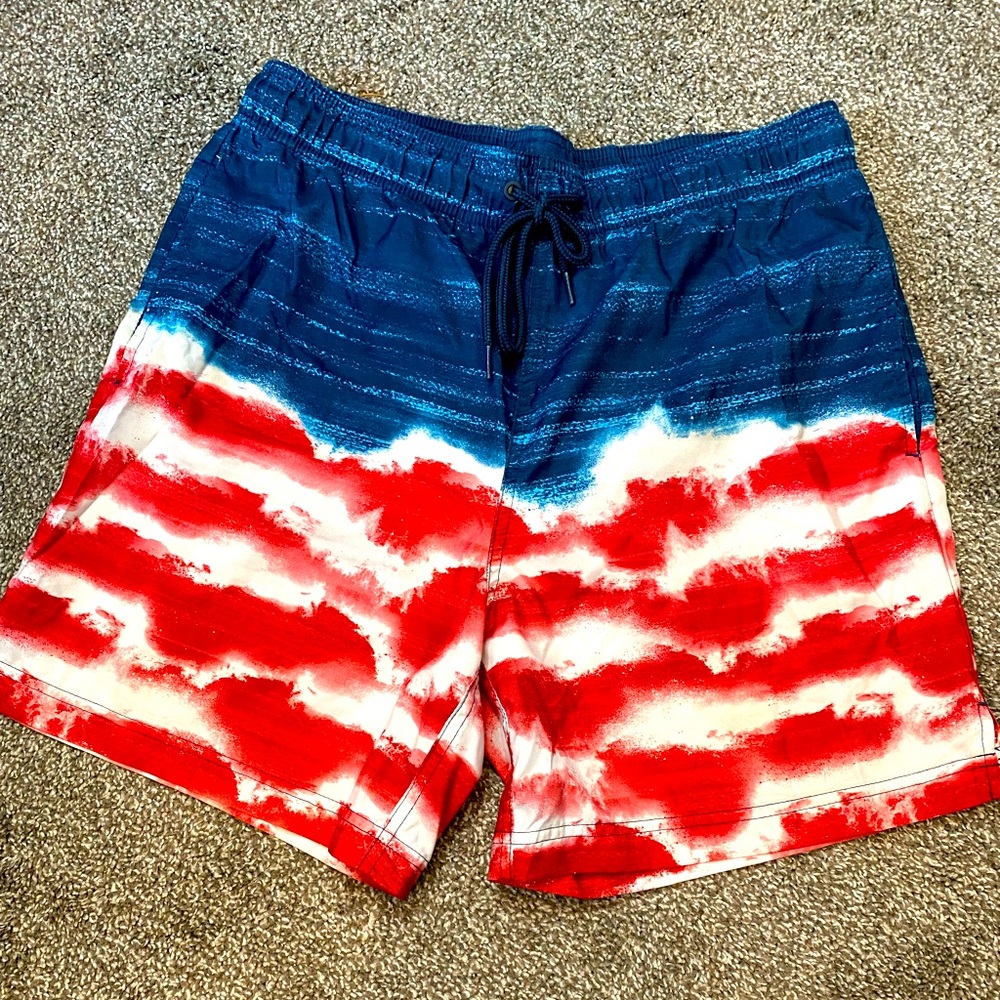 Patriotic Male Drawstring Red, White, & Blue Swim Trunks
